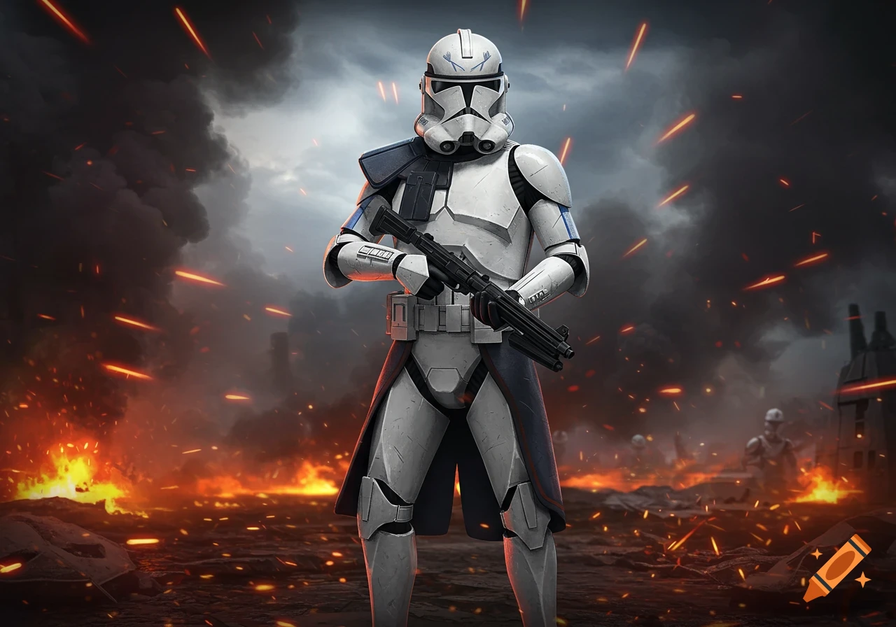 A white Phase 2 clone trooper stands ready for battle amidst fire and smoke on a war-torn planet.