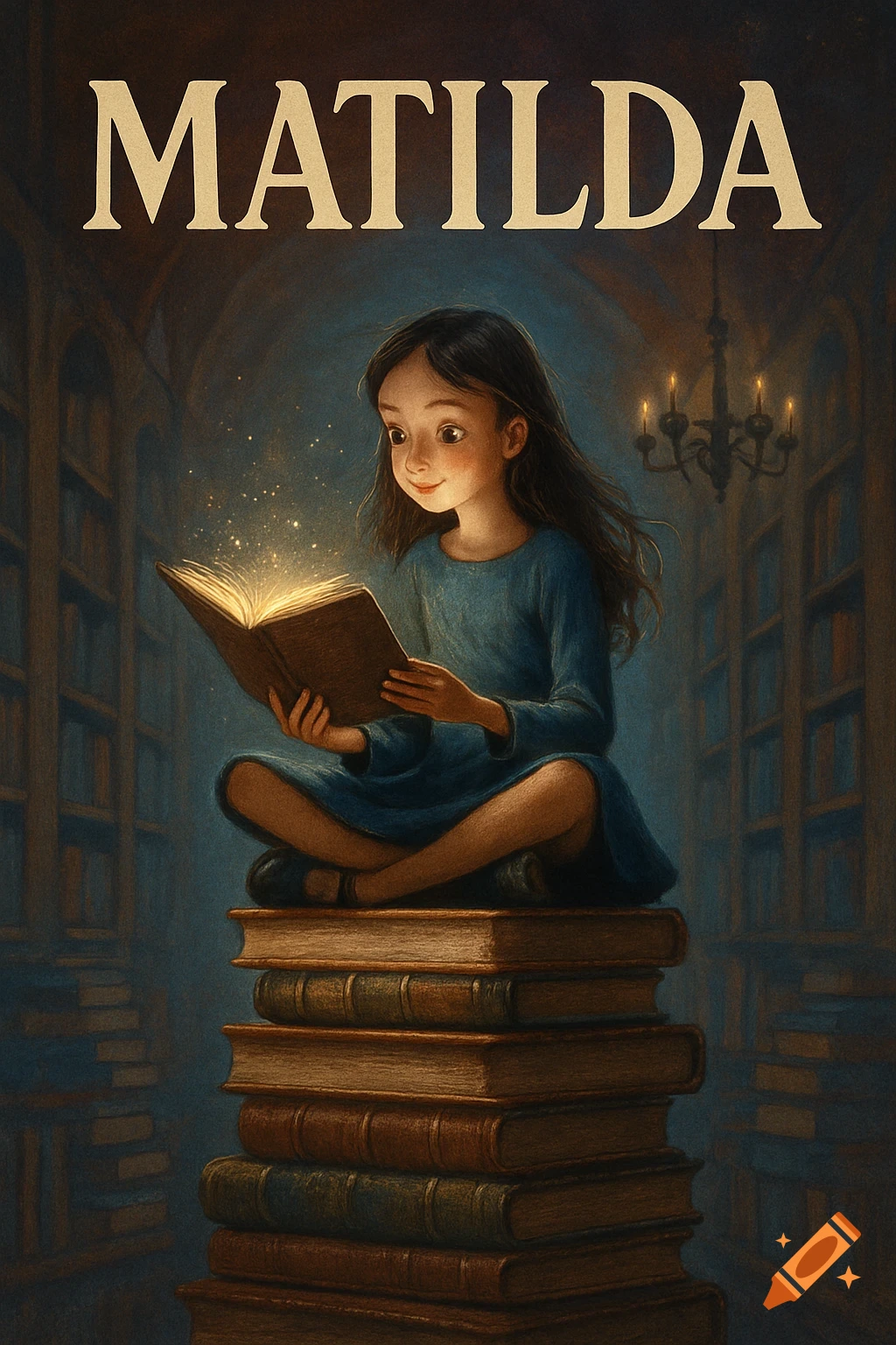 A young girl with long dark hair sits cross-legged on a stack of books, intently reading a glowing book in a library setting. The title "MATILDA" is at the top of the image. Stylized illustration.
