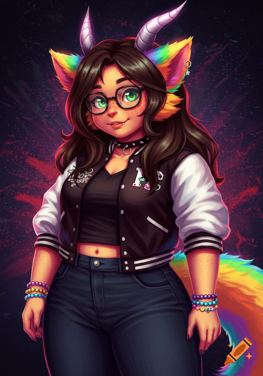 A smiling, chubby, dark-haired girl with rainbow dragon features, glasses, and a varsity jacket, against a dark background in an anime style.