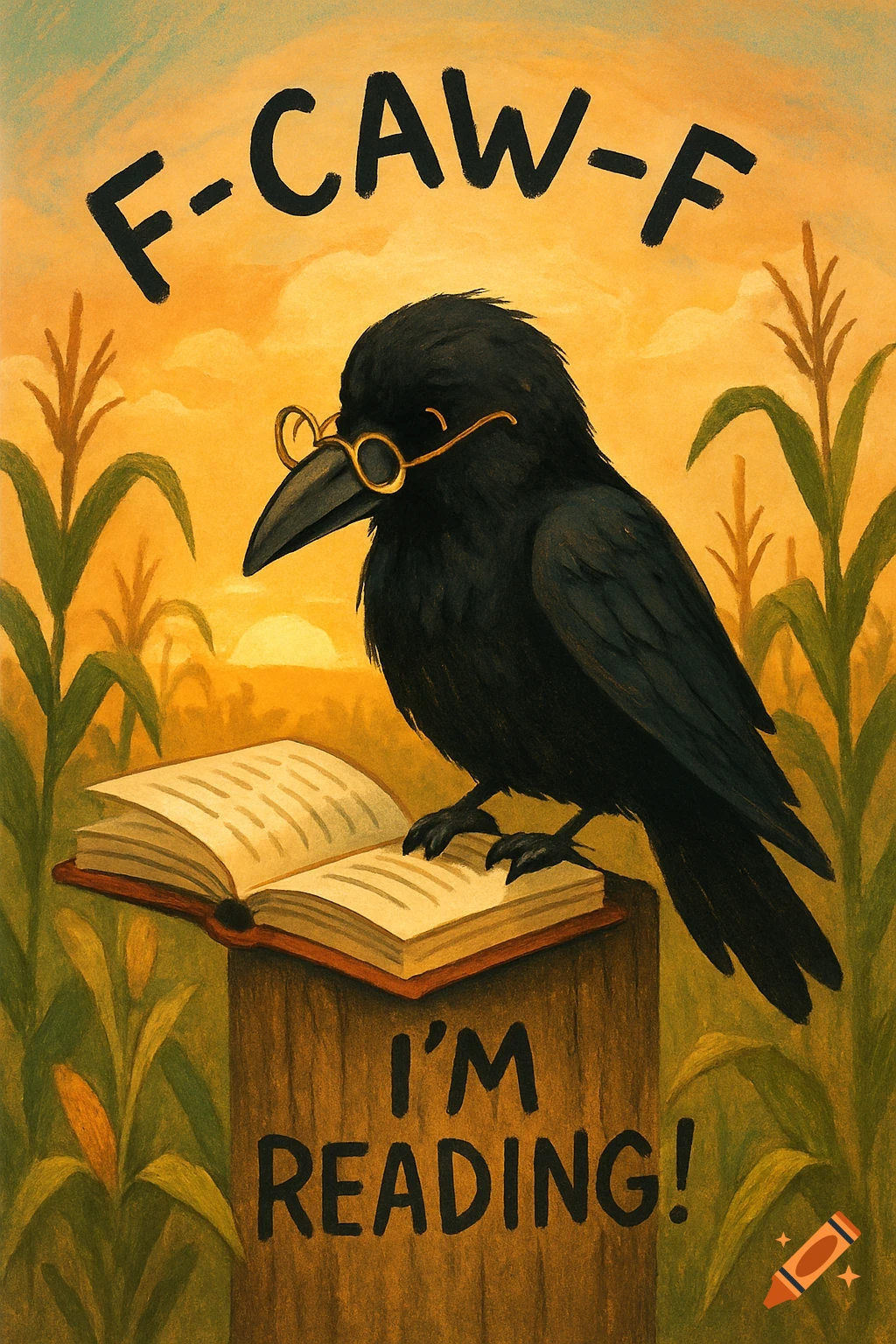 Illustrated black crow with eyeglasses reading a book on a post in a cornfield at sunset. Text reads 'F-CAW-F' and 'I'M READING!'