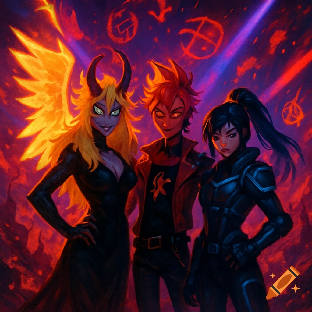 Three stylized female characters, one with large yellow wings and horns, pose against a glowing purple and red background with occult symbols.