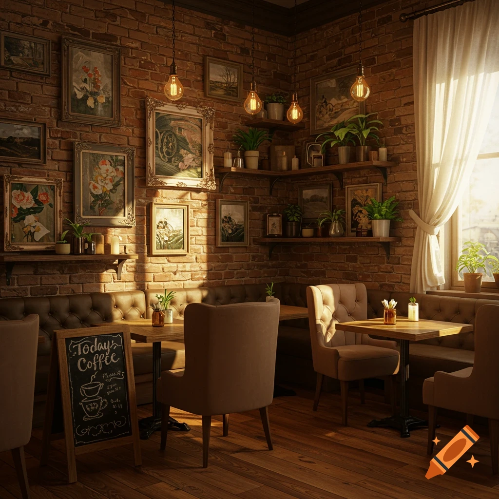 Photorealistic cozy cafe interior with brick walls, framed art, plants, warm lighting, wooden tables, and sunlight from a window.