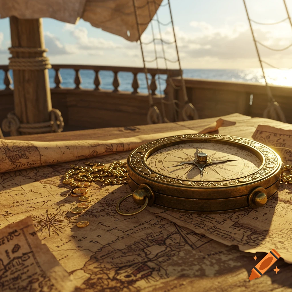 A detailed bronze pirate compass and gold coins rest on old, worn treasure maps on the wooden deck of a sailing ship at sunset.