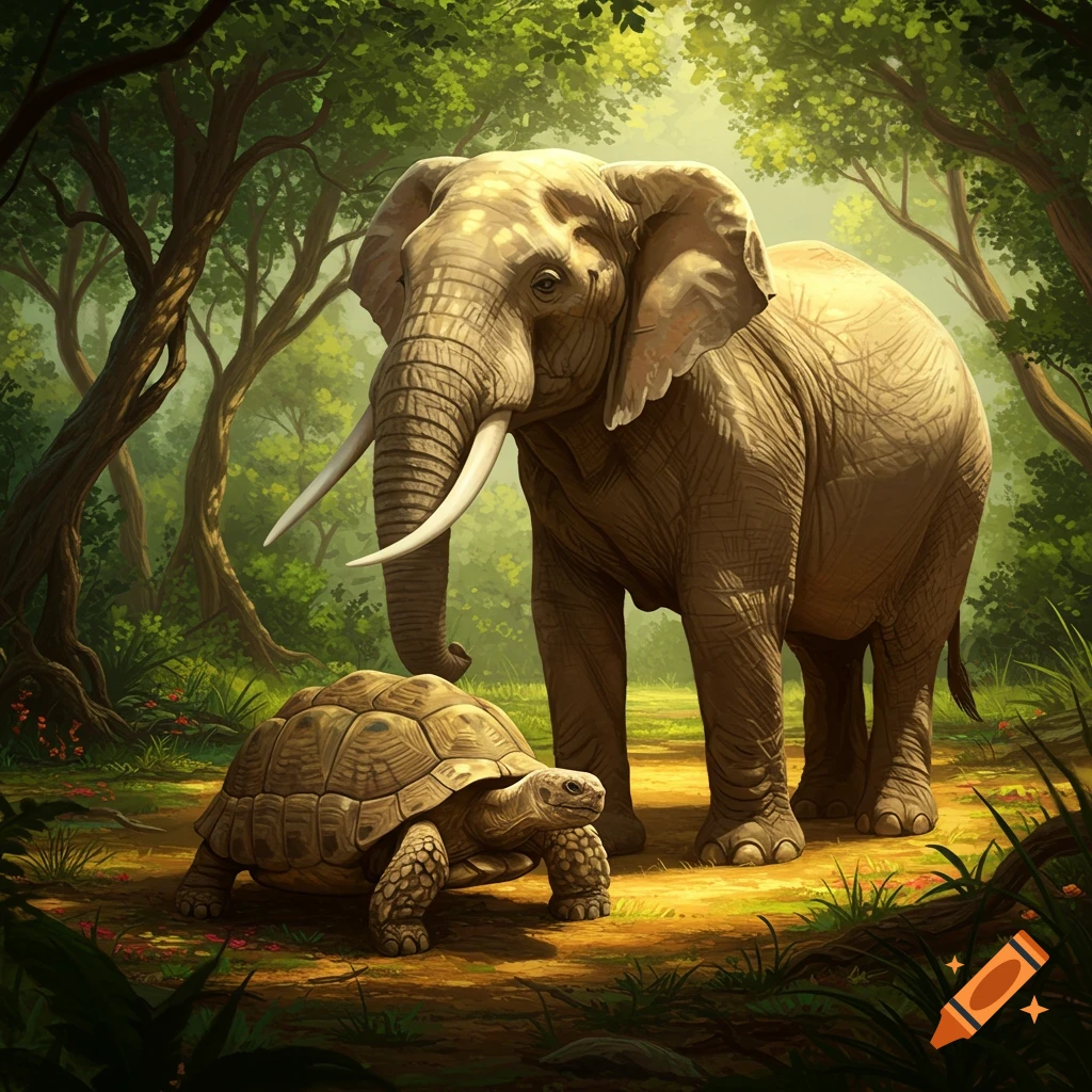 A large elephant stands next to a tortoise in a lush, sunlit African forest.