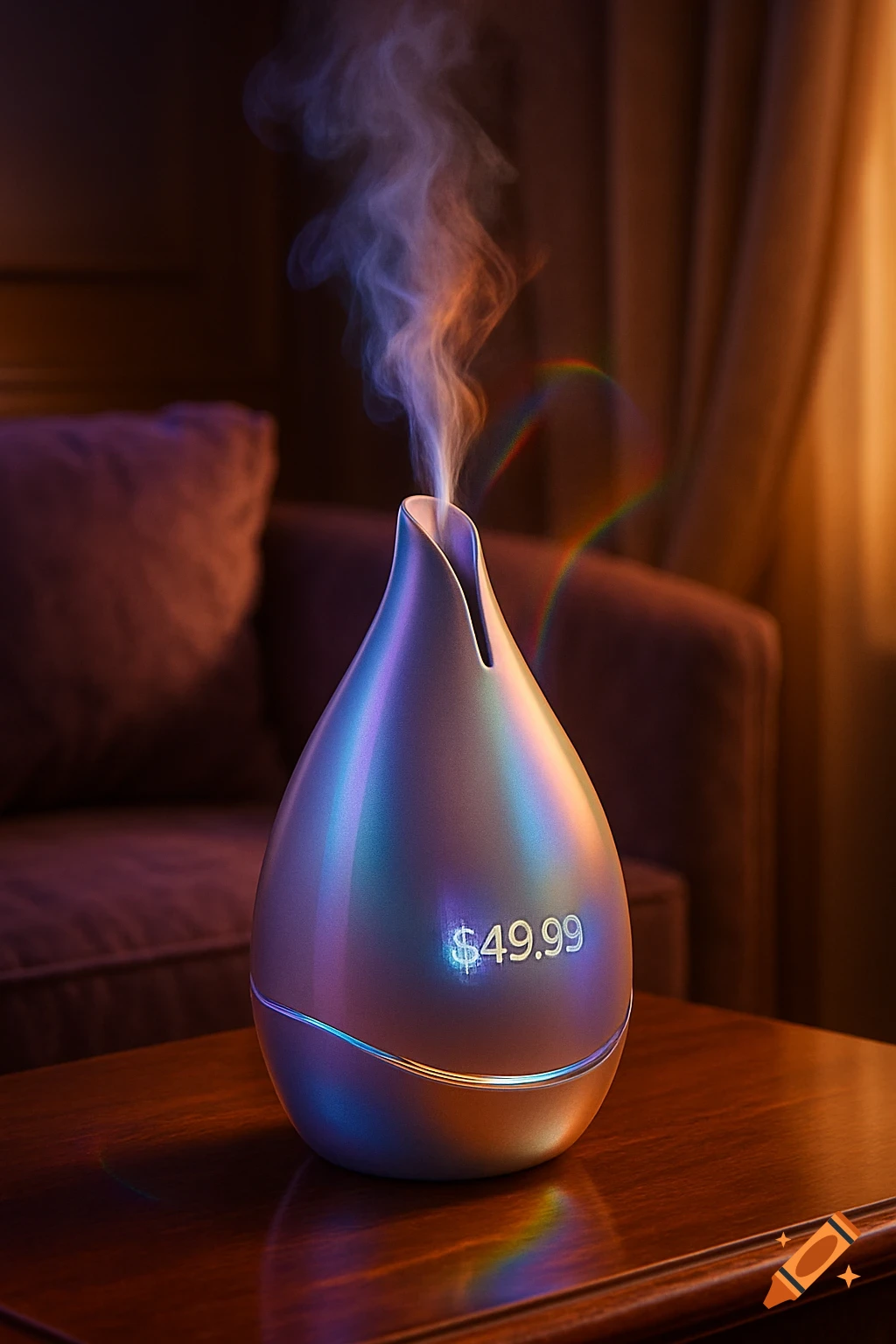 A pear-shaped, iridescent aroma diffuser with a glowing price display of $49.99 emits vapor on a dark wooden table in a dimly lit room.