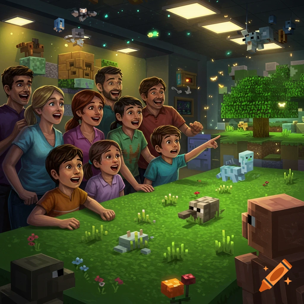 An excited family, including adults and children, observes a vibrant Minecraft-themed diorama with various blocky creatures.