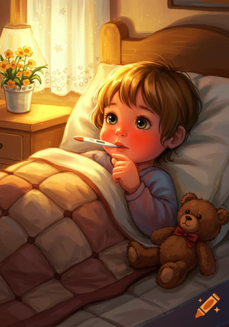 Illustration of a sick child with a thermometer in bed, a teddy bear by their side.