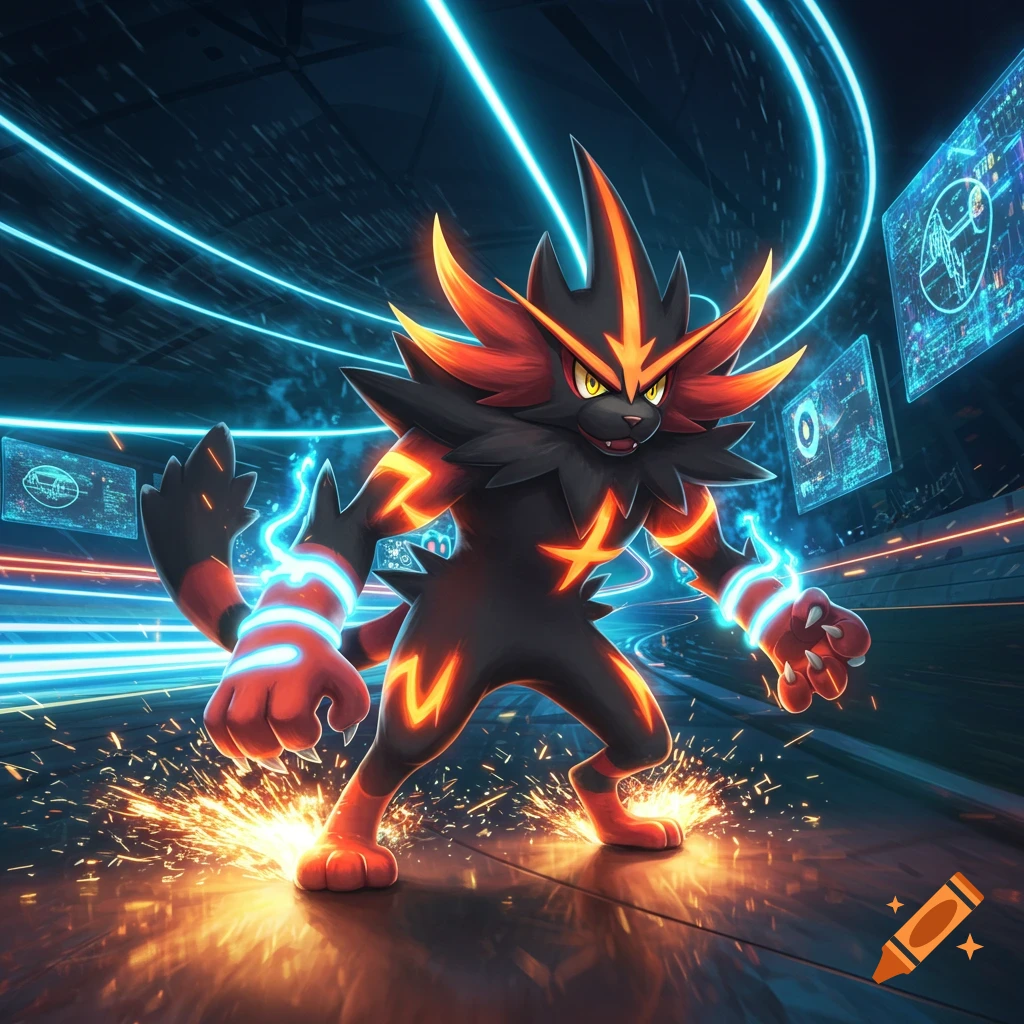A dynamic black and orange fiery creature with glowing patterns, surrounded by electric effects and sparks, stands in a neon-lit futuristic corridor.