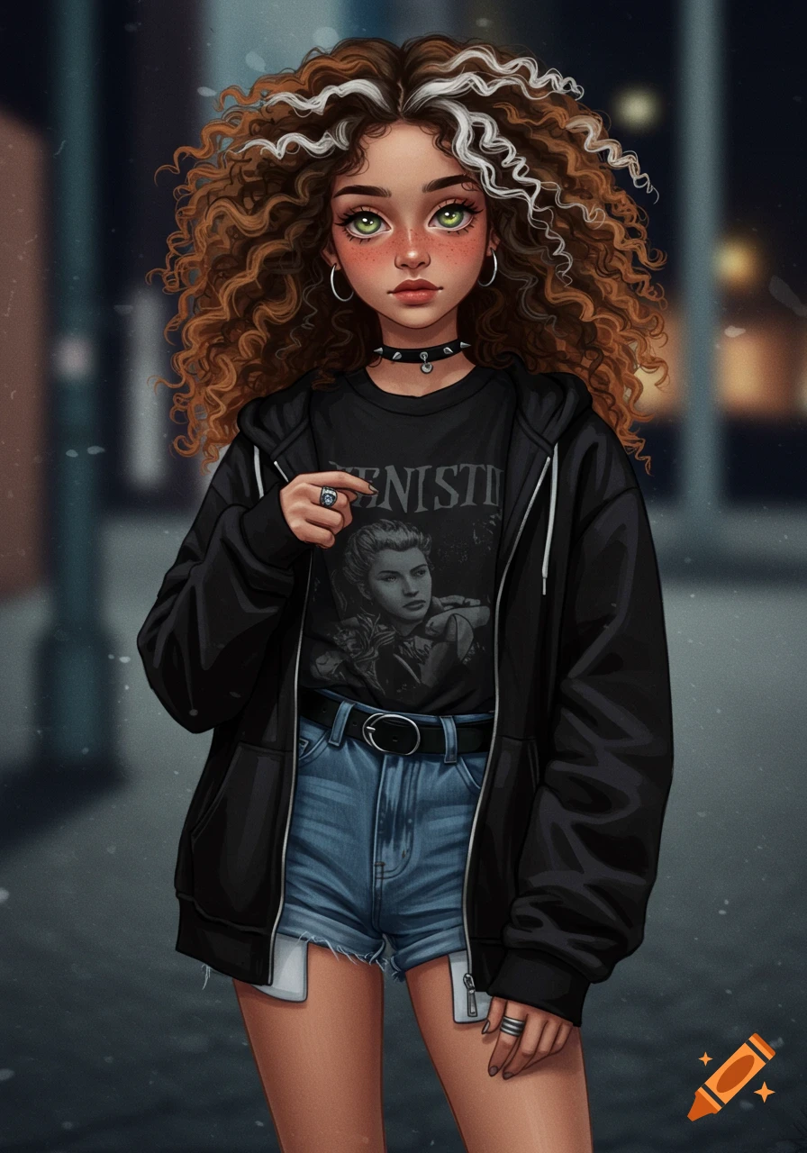 Stylized portrait of a young woman with curly brown and white hair, green eyes, wearing a black hoodie and graphic tee.