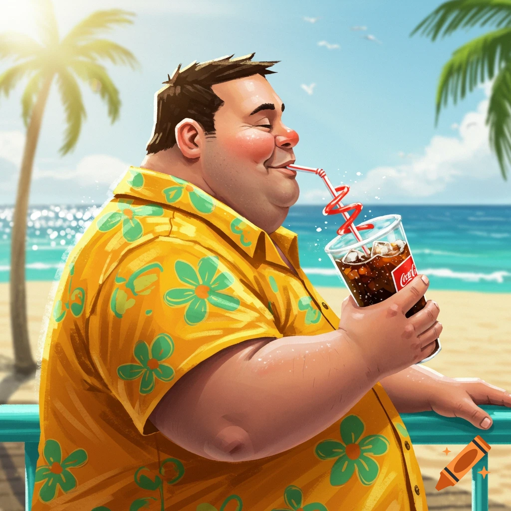 Stylized illustration of a happy, plump man in a floral Hawaiian shirt sipping a large soda on a sunny beach.