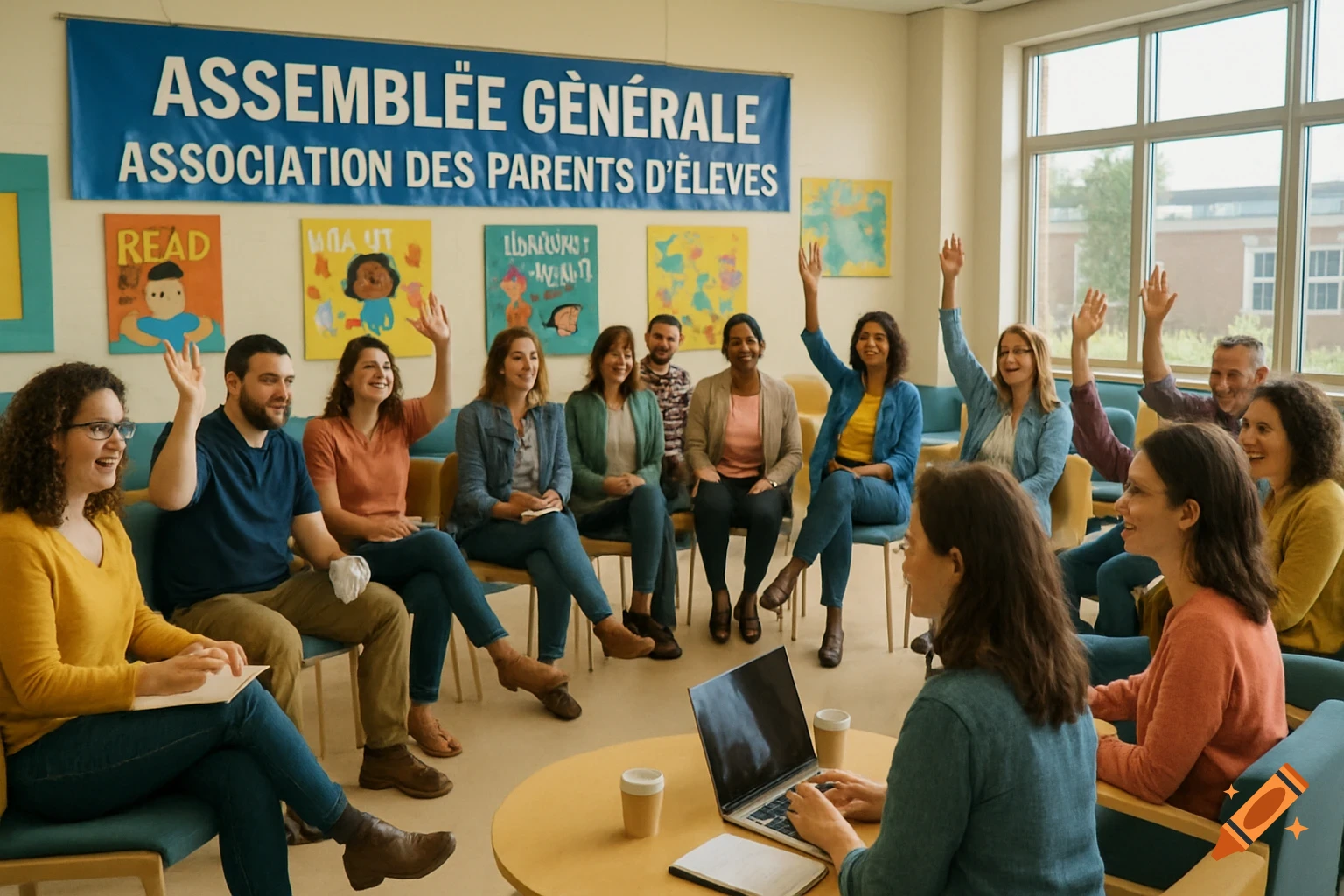A diverse group of adults in a parent-teacher meeting sit in a circle, raising hands, with a banner that says "Assemblée Générale - Association des Parents d'Élèves".