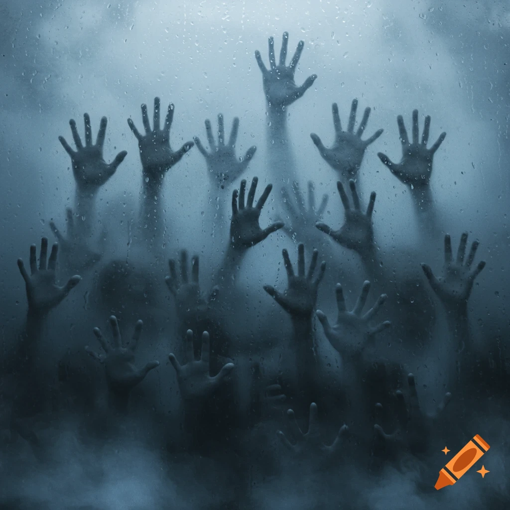 Many blurry, shadowy hands press against a foggy, rain-streaked glass surface, reaching out in an eerie, unsettling scene.
