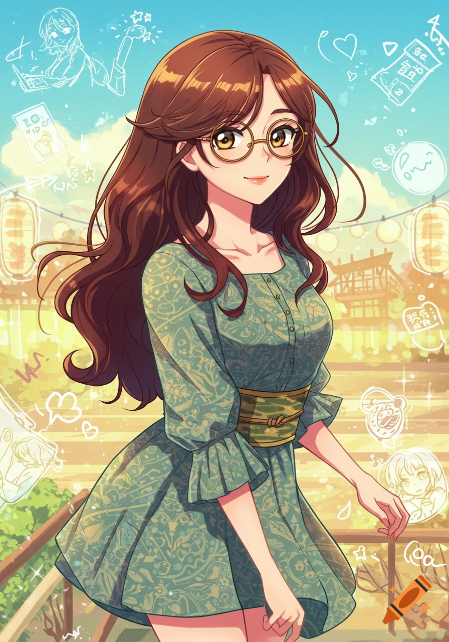 An anime-style woman with long brown hair and glasses, wearing a patterned green dress, stands in front of a sunny Japanese-themed background with doodles.