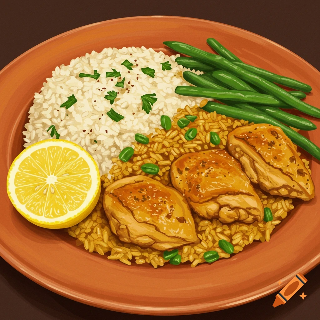 An illustrated plate of chicken, white rice, green beans, and a lemon slice.