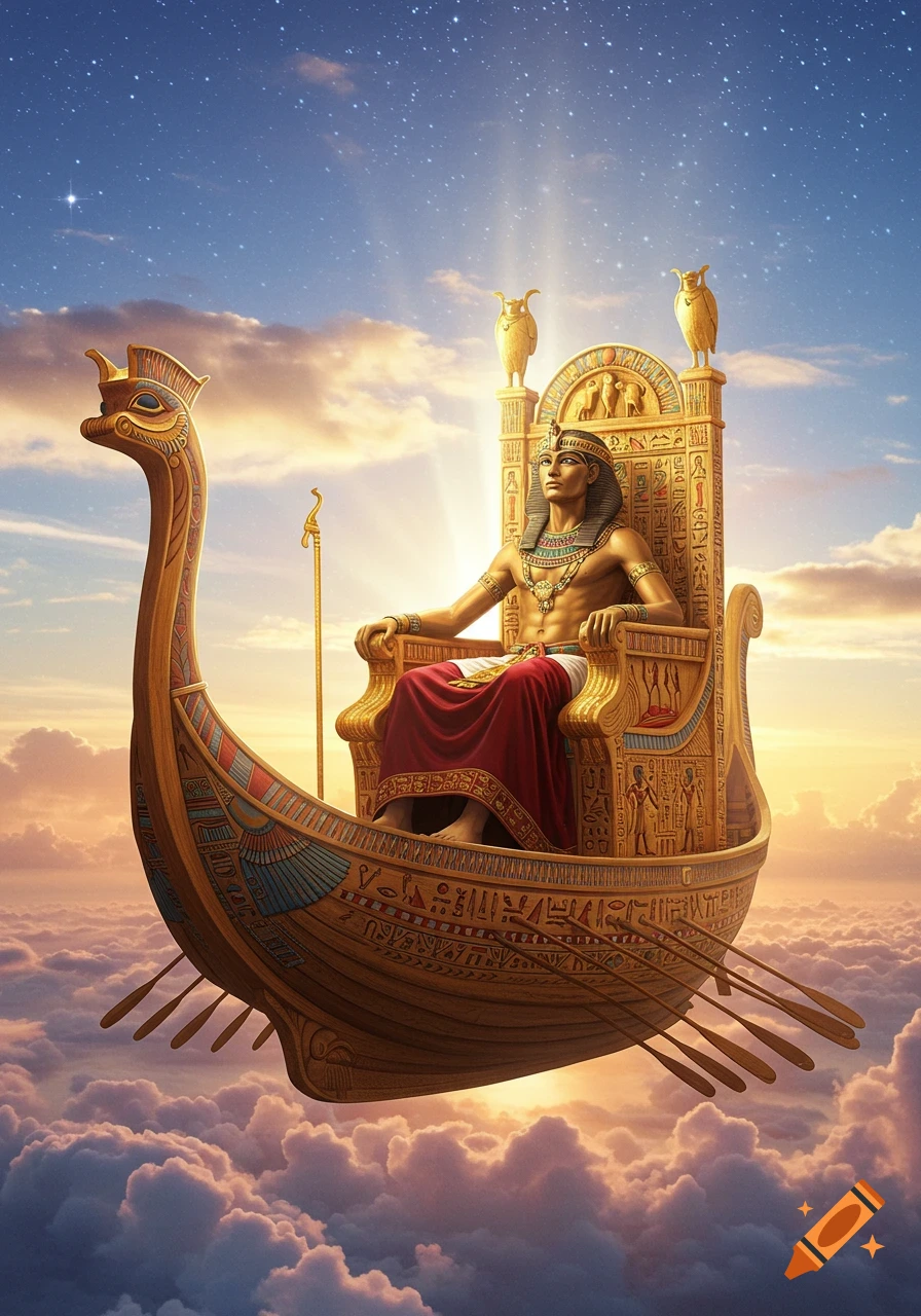 A pharaoh-like figure in gold and red Egyptian garments sits on an ornate throne in a mythical boat, sailing through a starry, cloudy sky.
