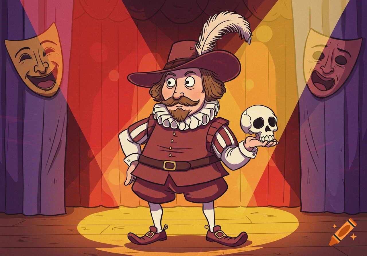 Cartoon Shakespeare in period attire holds a skull on a spotlighted stage with comedy and tragedy masks in the background.