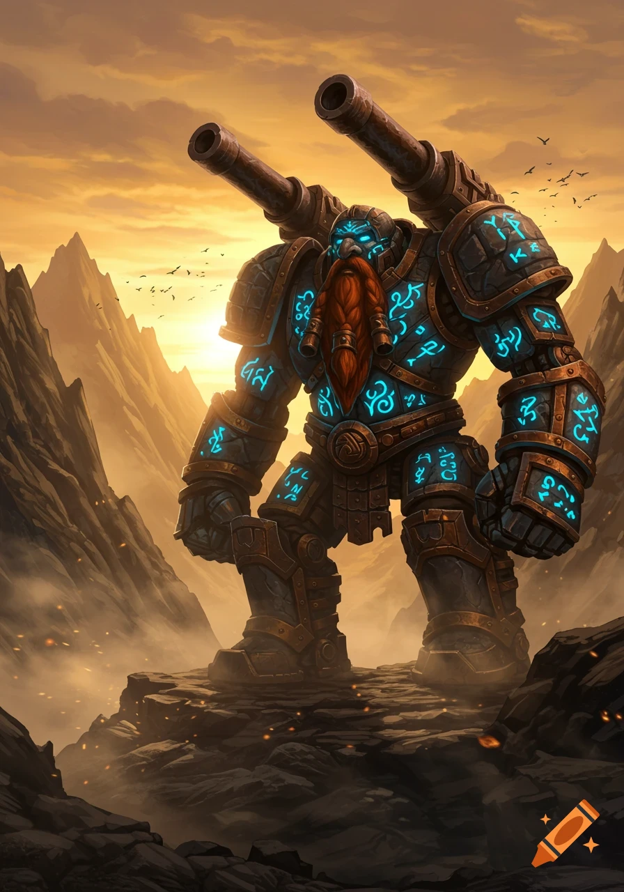 A heavily armored dwarven golem with an orange beard and glowing blue runes on its body stands on a rocky outcrop against a sunset sky. Two large cannons are mounted on its shoulders.