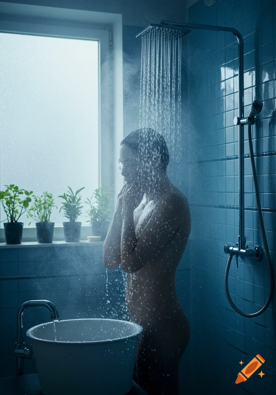 Photorealistic image of a person showering in a steamy, dimly lit bathroom with water splashing and potted plants on a windowsill.