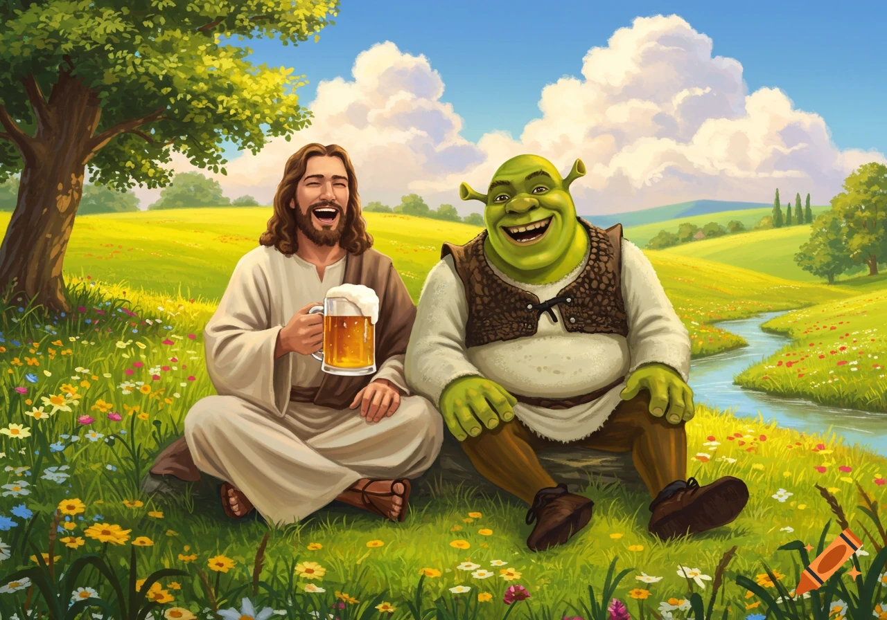 Jesus and Shrek happily sitting in a vibrant, flowery field, with Jesus holding a beer mug.