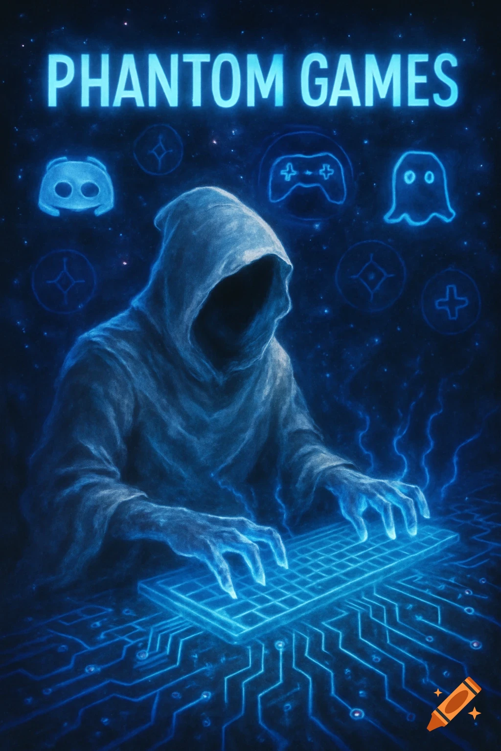 A hooded figure typing on a glowing blue keyboard with circuit board patterns and gaming icons, under the text 'PHANTOM GAMES'.