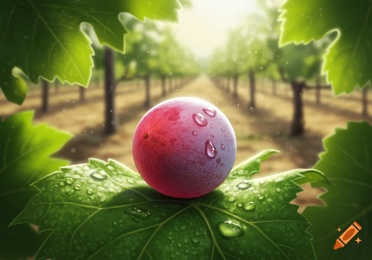 A single red grape with water droplets rests on a green leaf, with a sunlit vineyard in the blurred background.