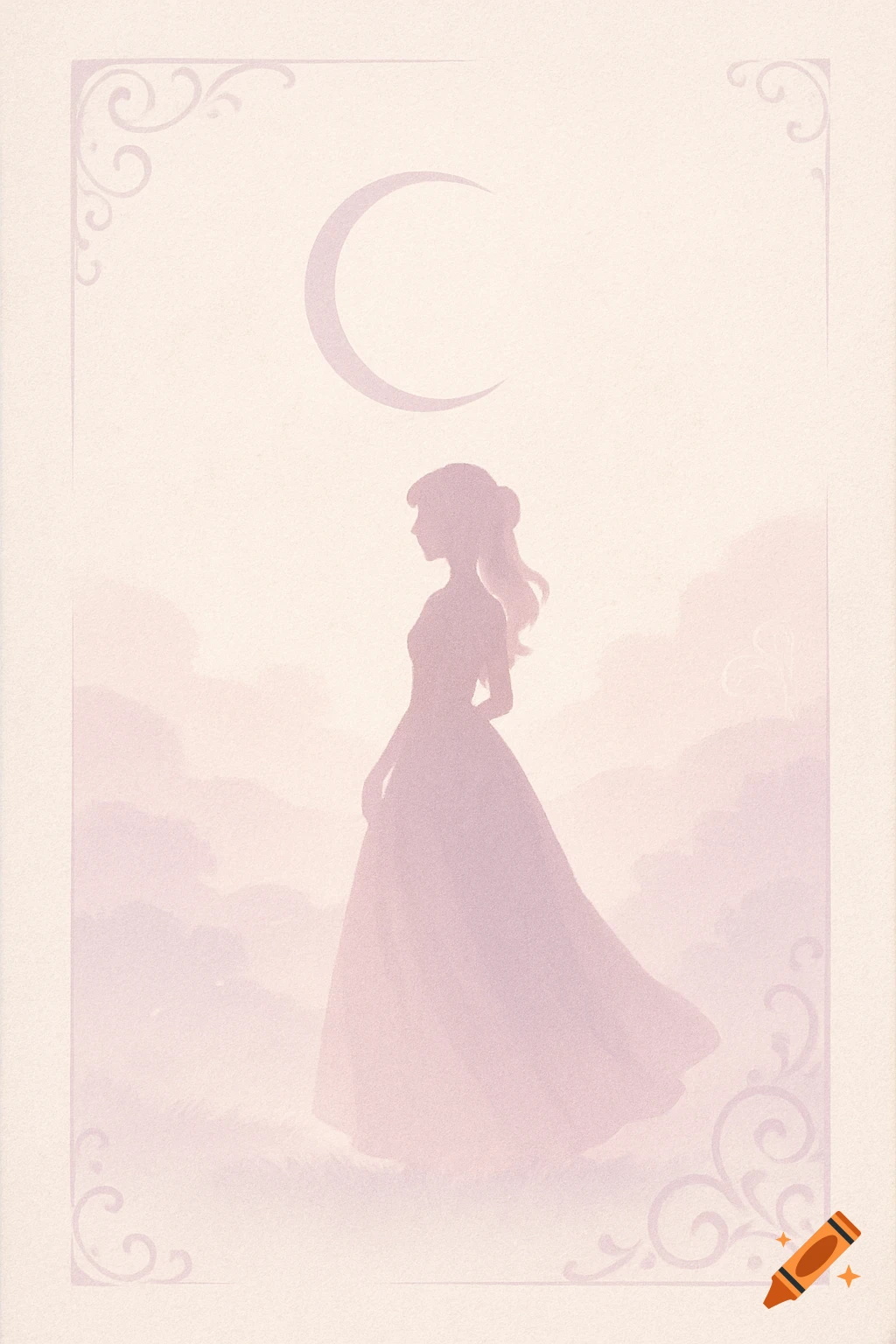 Minimalistic silhouette of a woman in a gown under a crescent moon, amidst ethereal pink clouds, with decorative border accents.