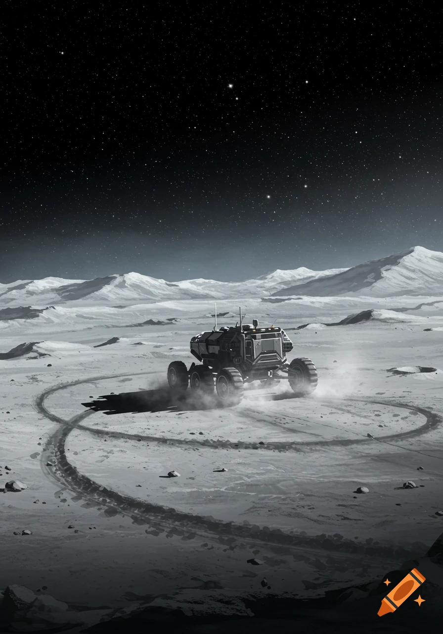 A robotic rover drives in circles, kicking up dust on a desolate, cratered moon landscape under a starry sky.