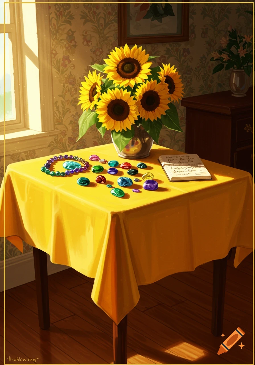 A vibrant still life with a bouquet of sunflowers, colorful gems, and a notebook on a yellow tablecloth in a sunlit room.