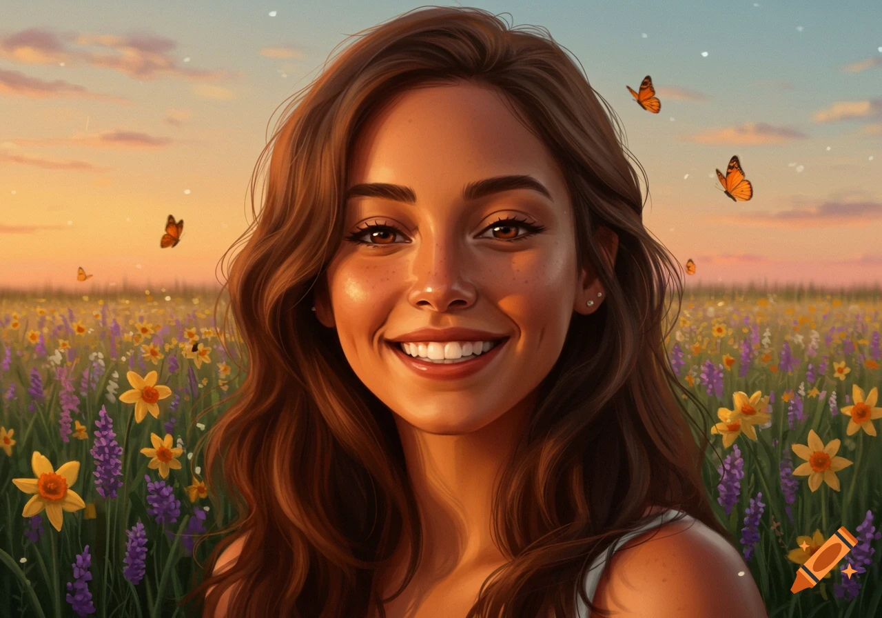 A smiling woman with brown hair in a field of yellow and purple flowers with butterflies at sunset, digital painting.