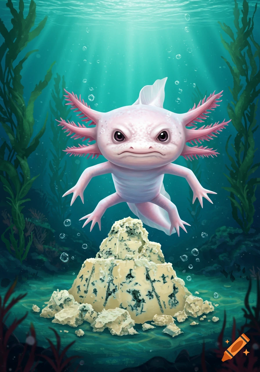 An angry pink axolotl floats above a crumbling block of blue cheese on the seabed, surrounded by seaweed and bubbles.