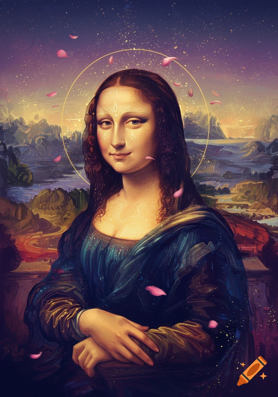 Stylized portrait of Mona Lisa with glowing patterns, a golden halo, and pink petals against a starry, ethereal landscape.