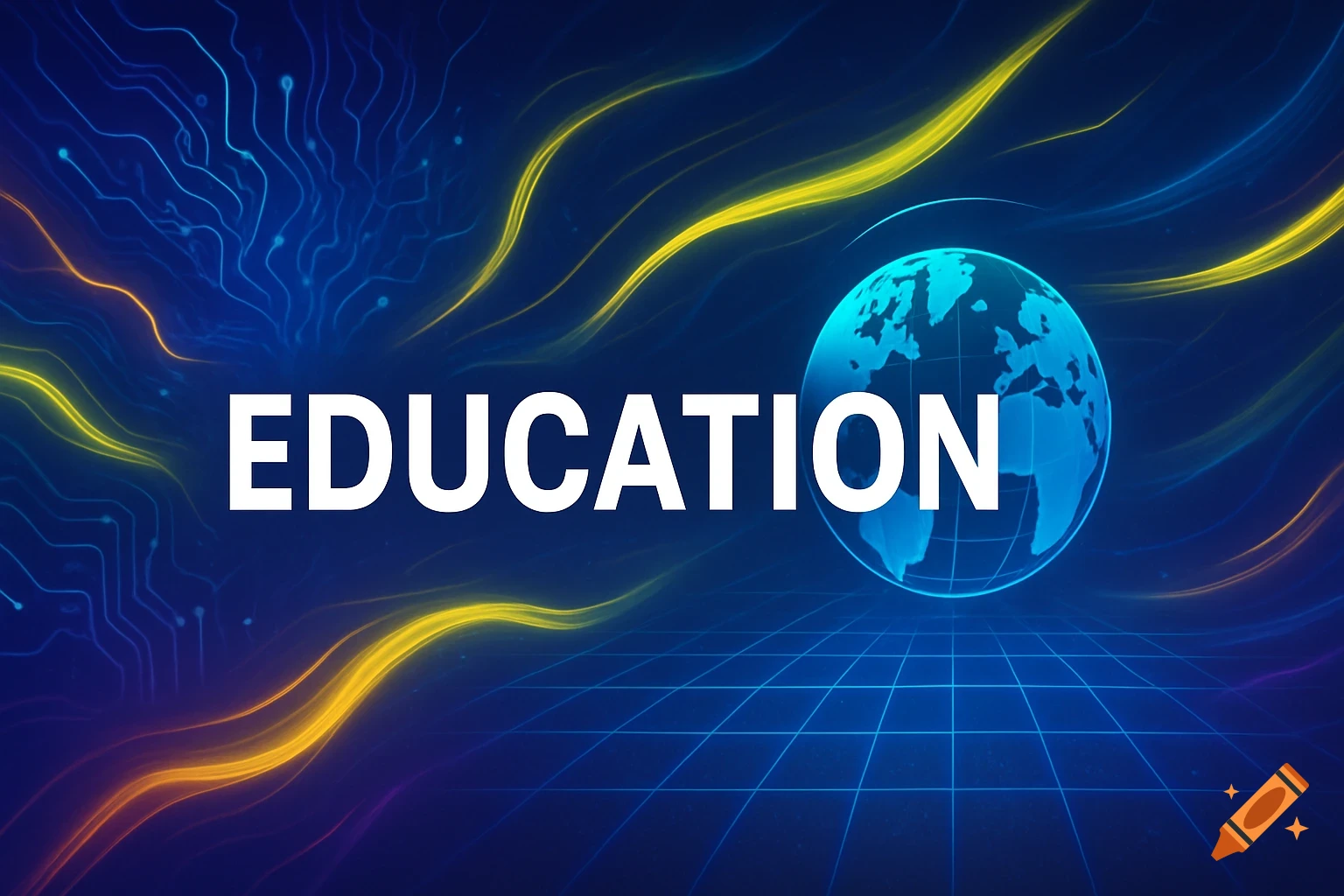 White 'EDUCATION' text and a blue wireframe globe on an abstract digital background with glowing waves and circuit patterns.
