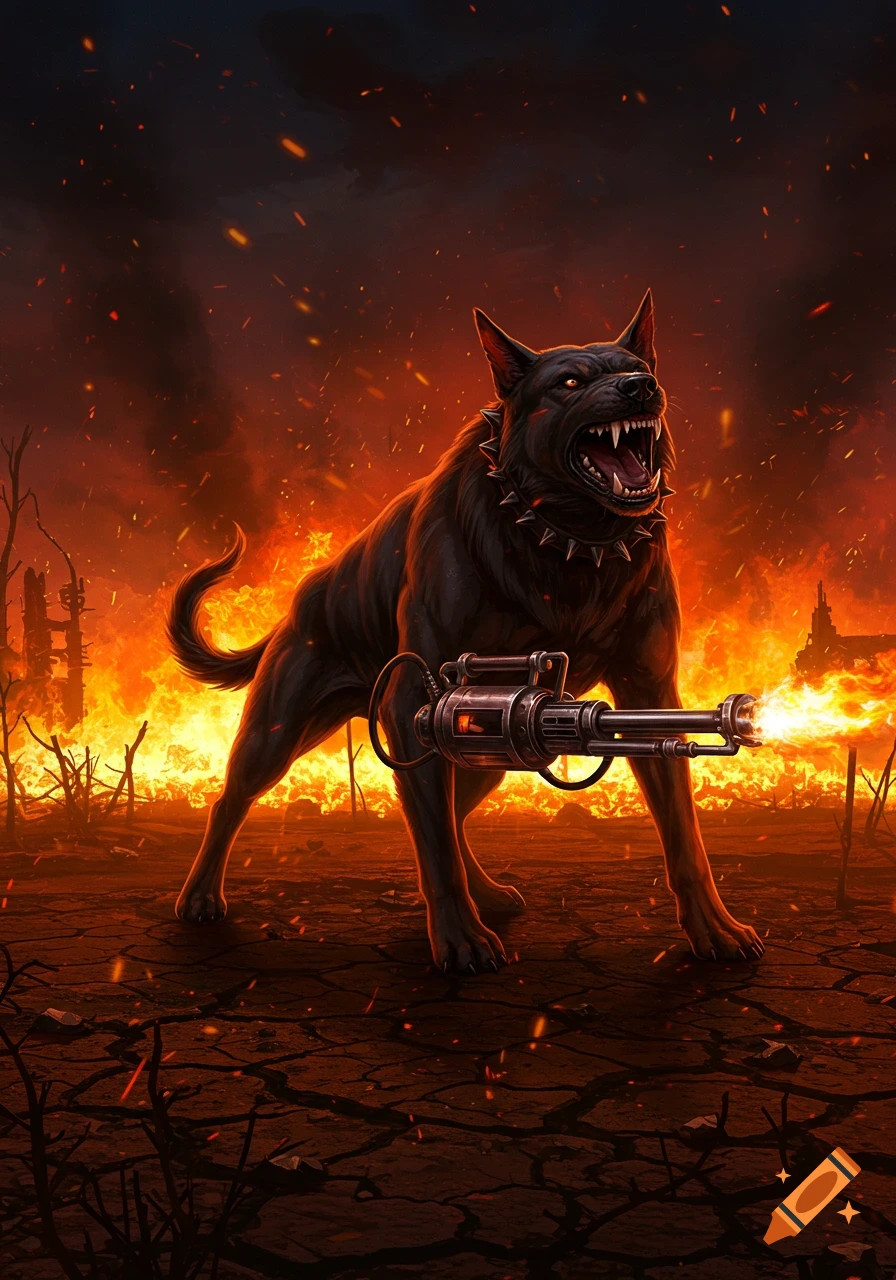 An aggressive black dog with glowing eyes and spiked collar wields a flamethrower in a fiery, apocalyptic wasteland, digital art.