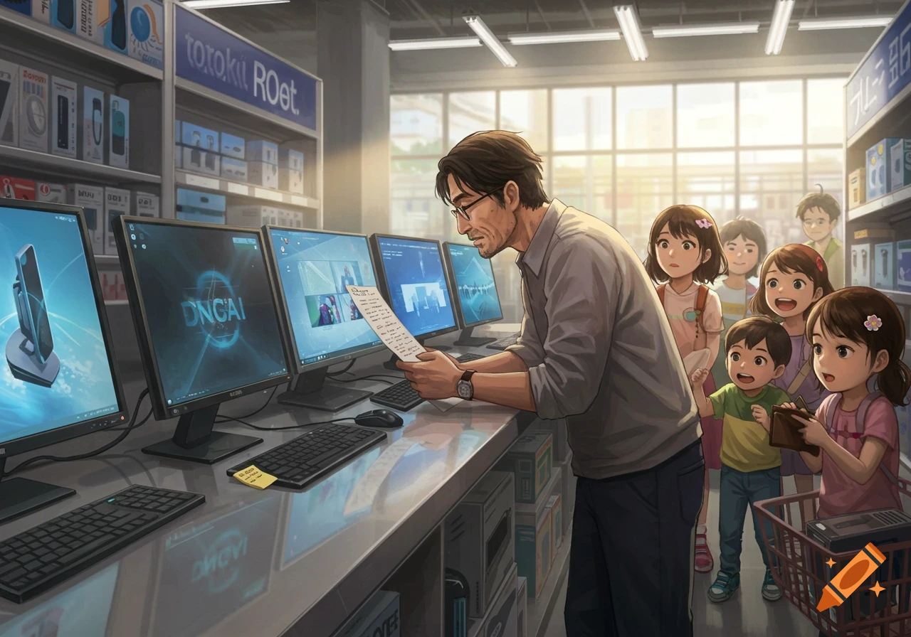 A father reads a paper in an electronics store, with a group of curious children watching him and the computer screens. Anime style.
