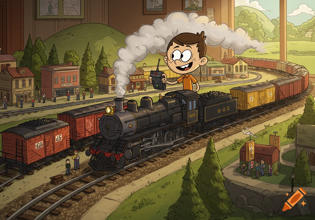 Cartoon boy Lincoln Loud operates a model steam train with a remote control on an elaborate track layout with houses and hills.