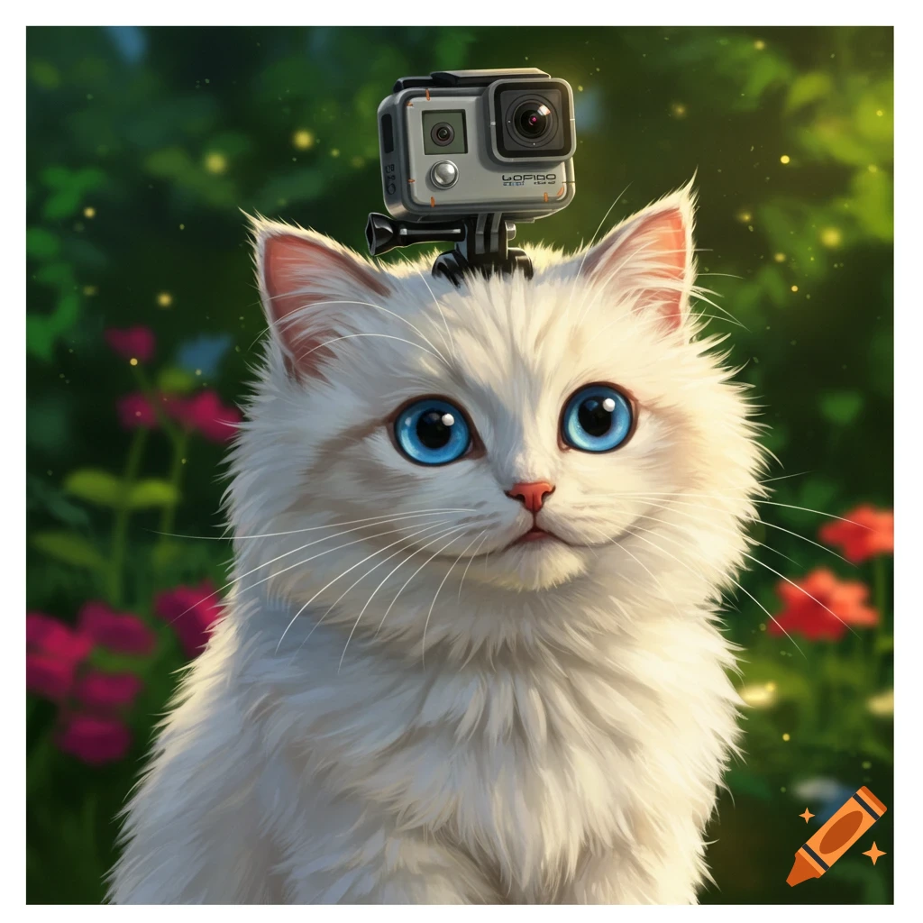 A fluffy white cat with large blue eyes wears a GoPro camera on its head in a whimsical, colorful garden.
