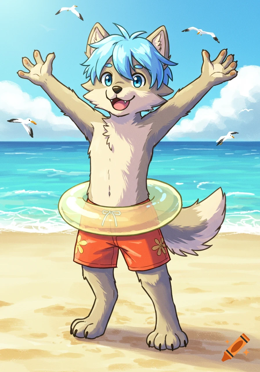 Anthropomorphic wolf cub with blue hair, wearing shorts and a pool ring, stands cheerfully on a sunny beach with seagulls flying.