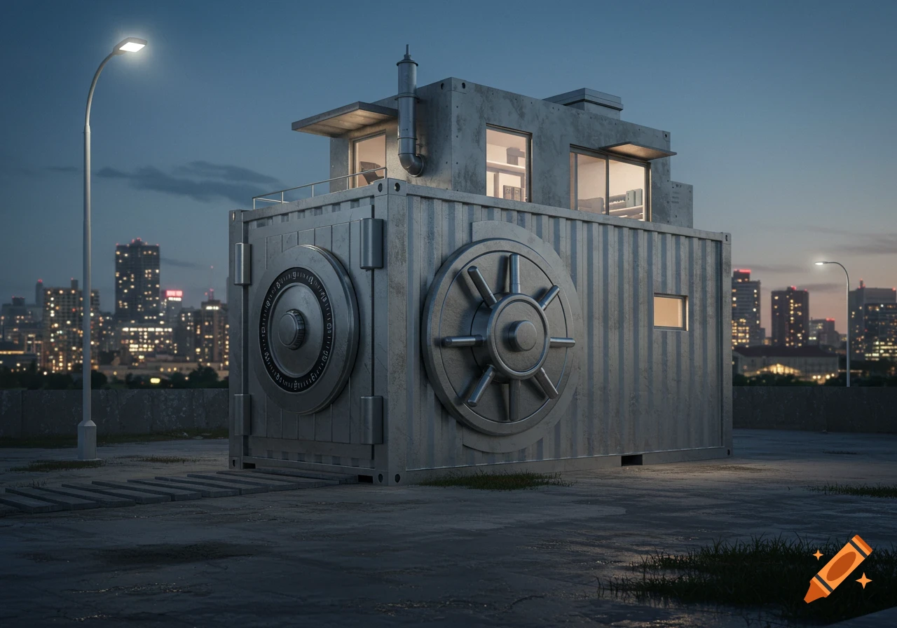 Photorealistic image of a shipping container house with two large bank vault doors on a concrete rooftop, overlooking a city skyline at dusk.