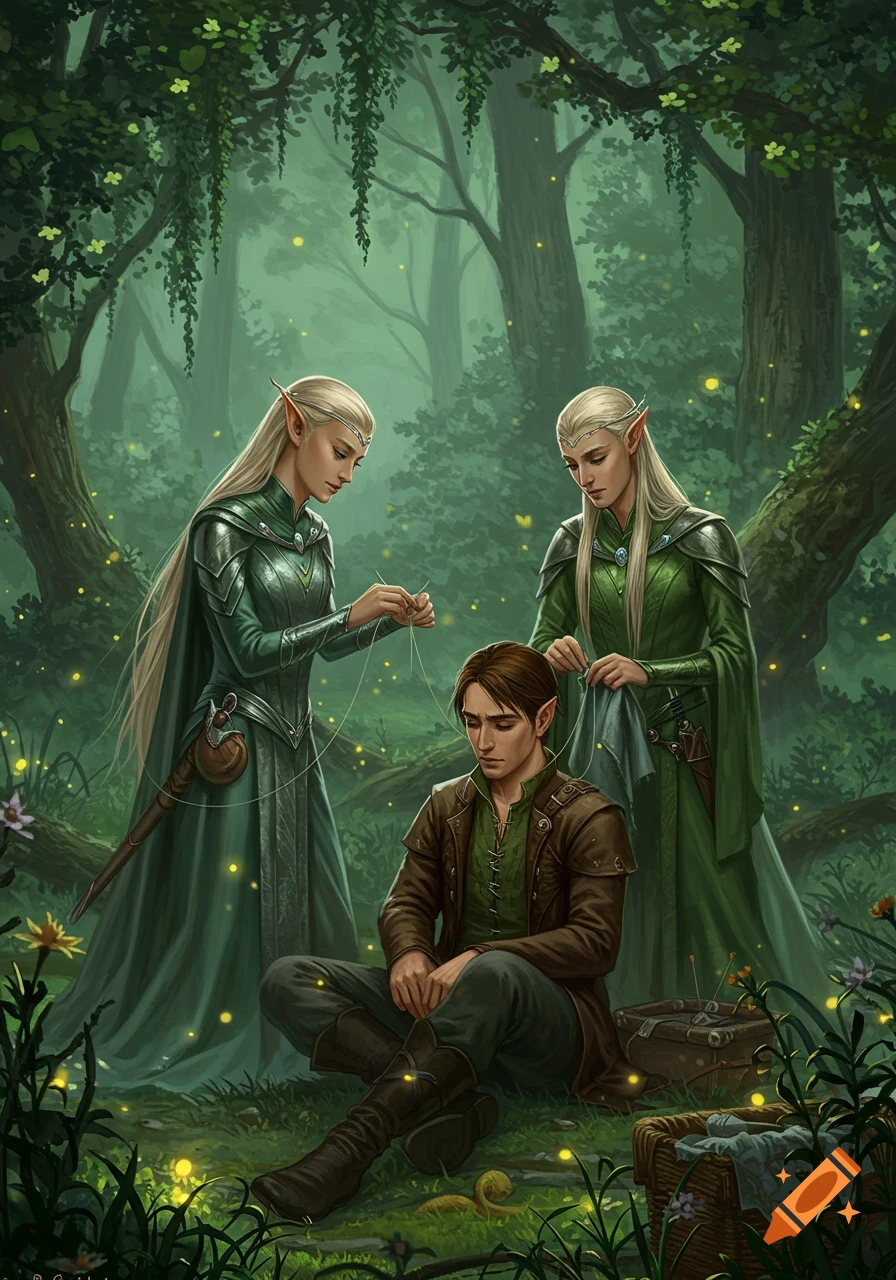Two female elves mend a human man's clothes in a lush, enchanted forest with glowing fireflies, digital painting.