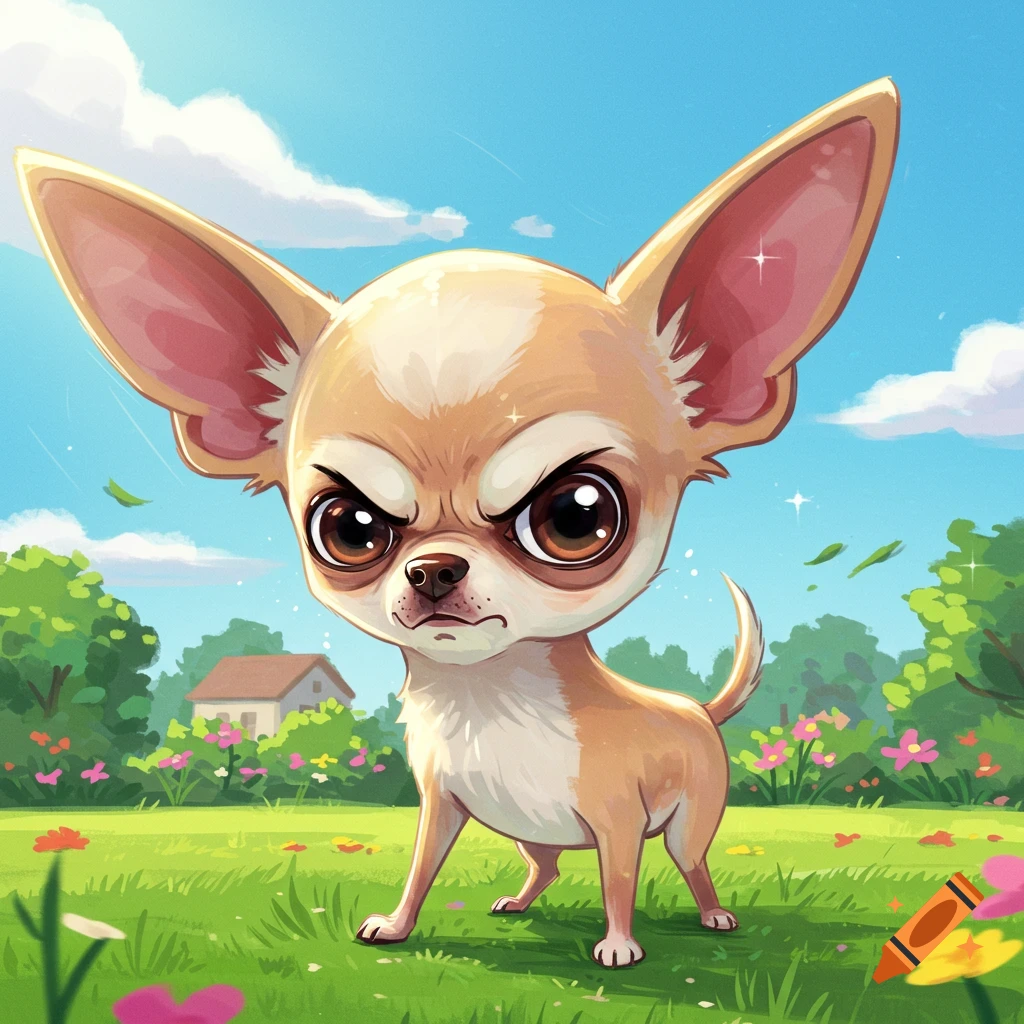 An angry cartoon chihuahua with large ears and big eyes stands in a grassy park with flowers under a blue sky.