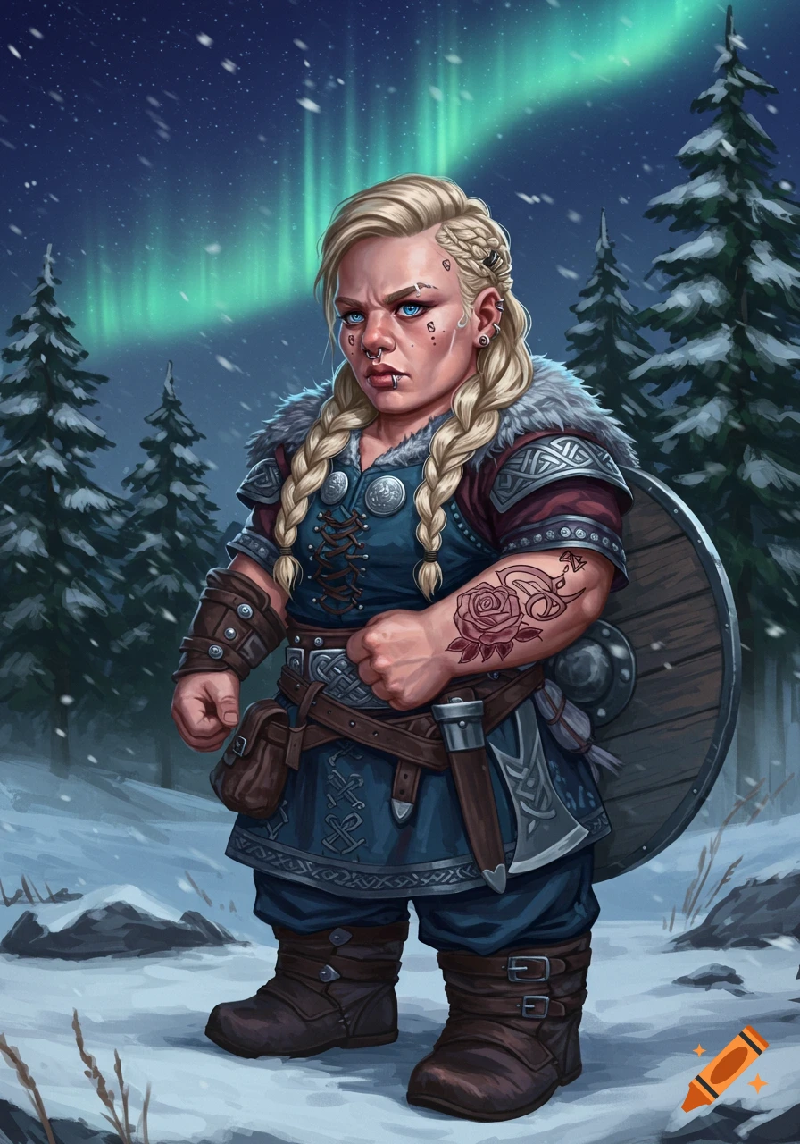 Fantasy illustration of a blonde dwarf warrior with braids, piercings, a rose tattoo, shield and axe in a snowy forest under the aurora borealis.