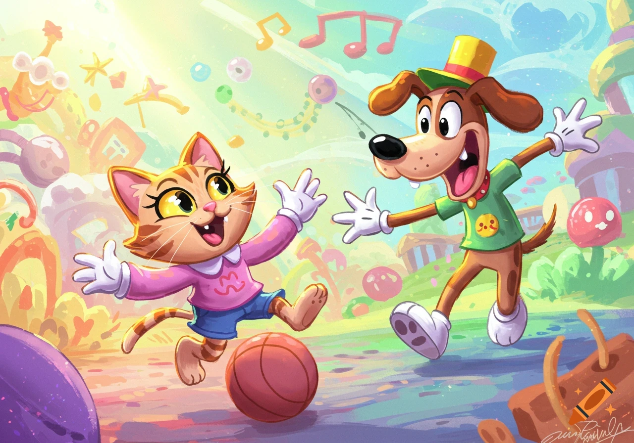 Joyful cartoon cat and dog playing with a basketball in a whimsical, colorful landscape with musical notes.