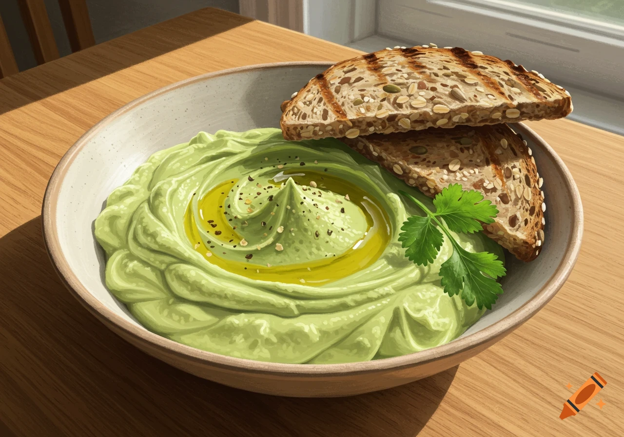 A bowl of creamy avocado dip with a swirl of olive oil and spices, served with two pieces of grilled multigrain toast and fresh parsley on a wooden table.