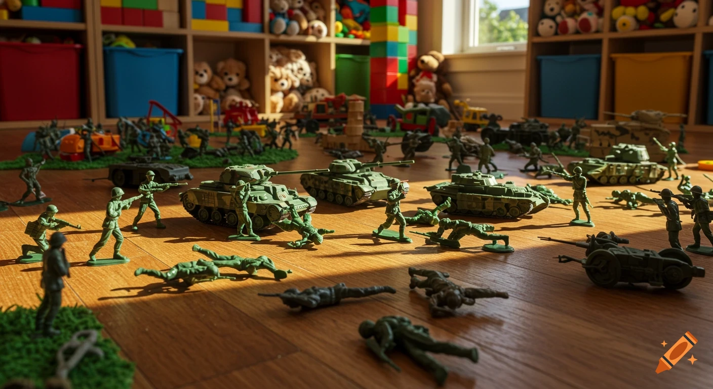 Green plastic toy soldiers and tanks are scattered across a sunlit wooden playroom floor, with shelves of colorful blocks and stuffed animals in the background.