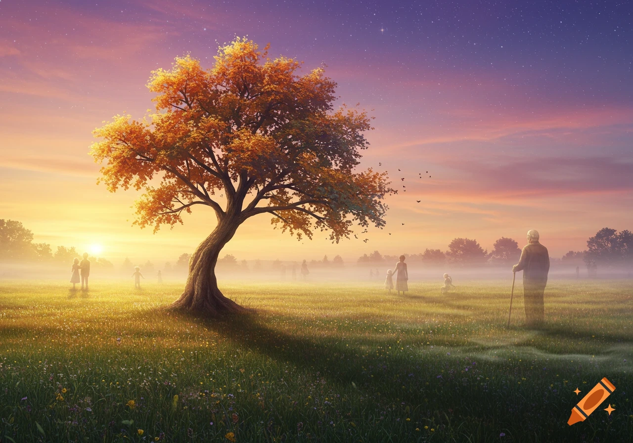 A large golden-leafed tree in a misty field at sunset, with ethereal silhouetted figures and a starry sky.