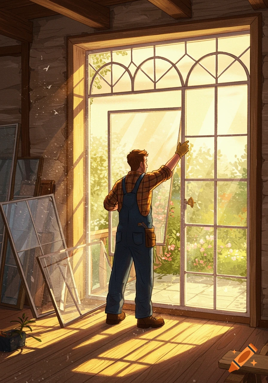 An illustrative scene of a man in overalls installing a large window overlooking a sunny garden, with old window frames stacked nearby.