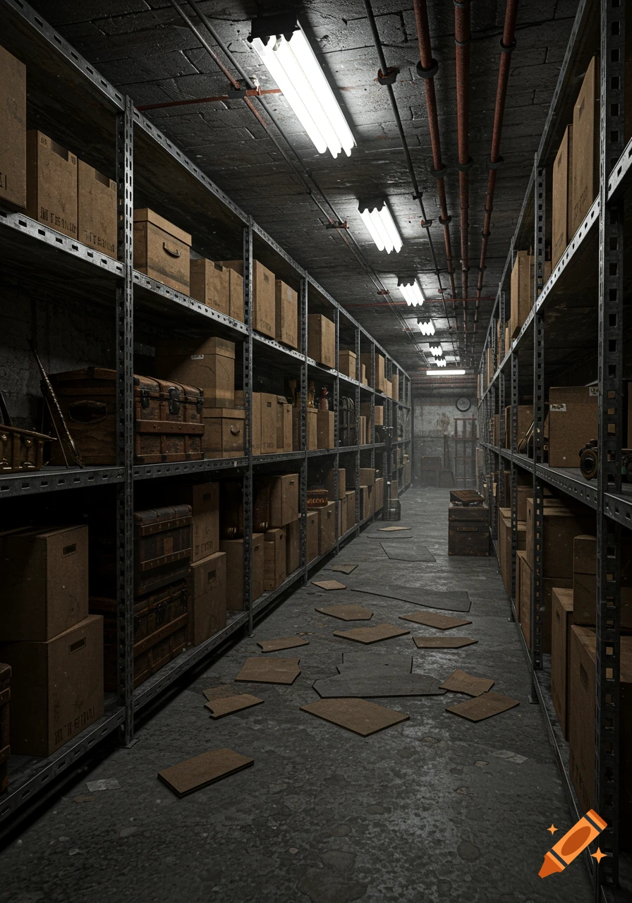 A long, dim underground storage unit aisle with metal shelves packed with cardboard boxes and old trunks, illuminated by fluorescent lights.