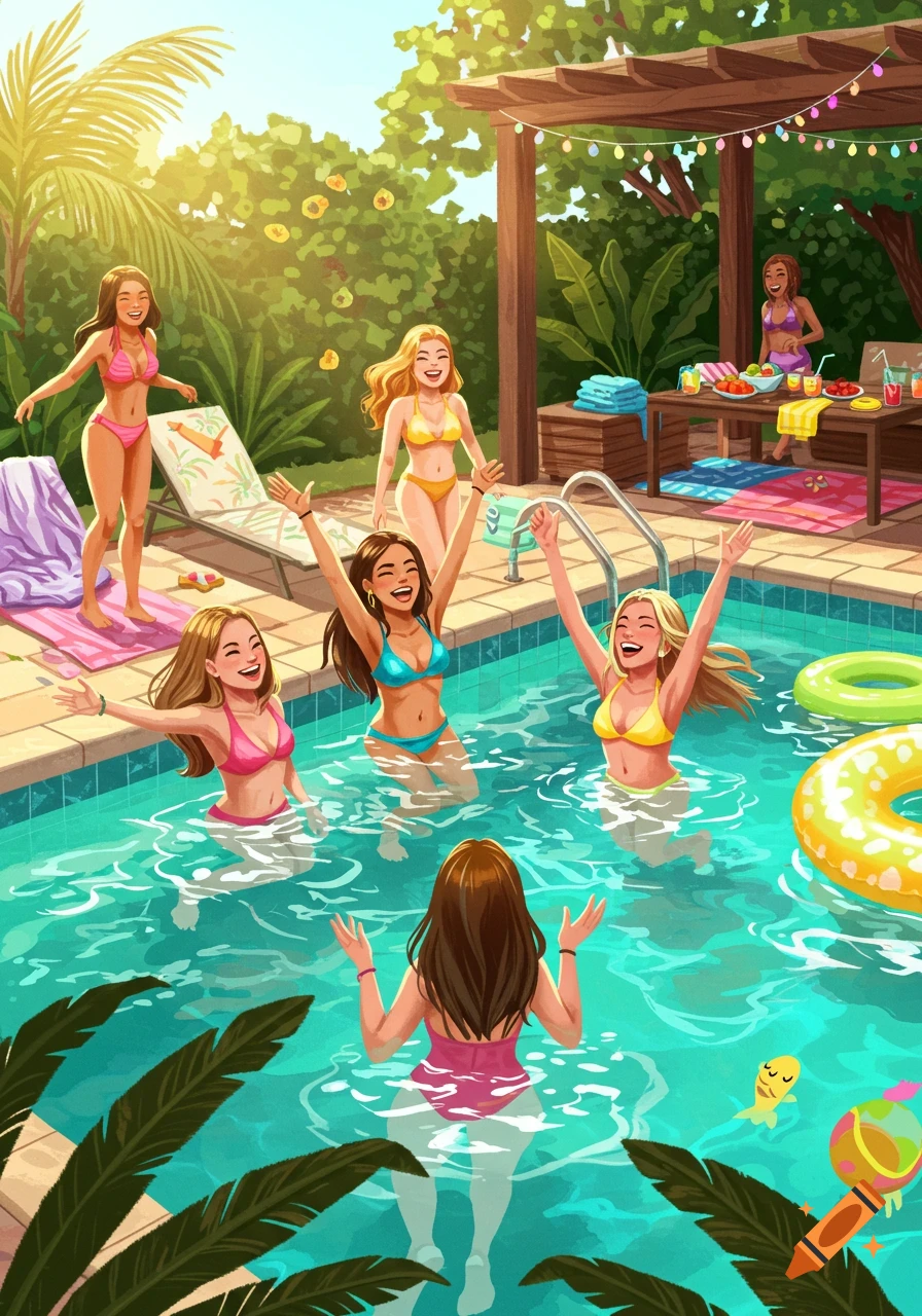 Vibrant illustration of six smiling women enjoying a sunny outdoor pool party with lush greenery and a pergola.