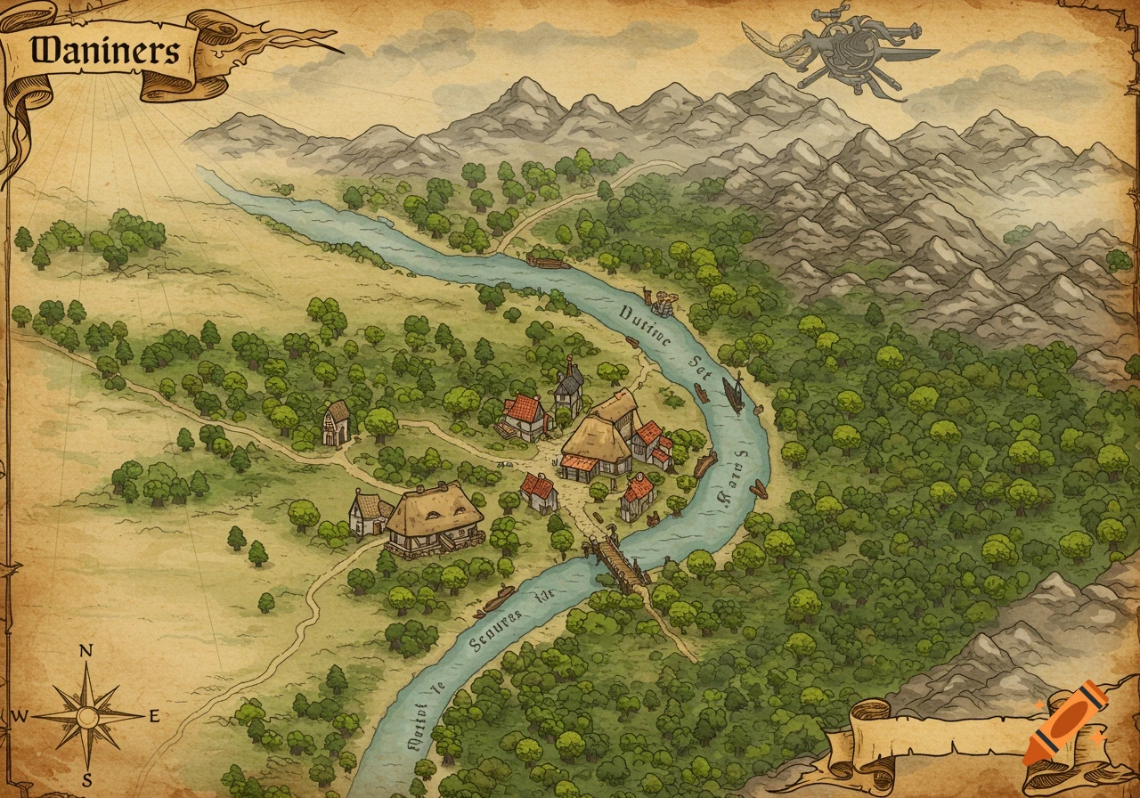 A hand-drawn fantasy map of a river, village, forests, and mountains, with text labels and a compass rose.