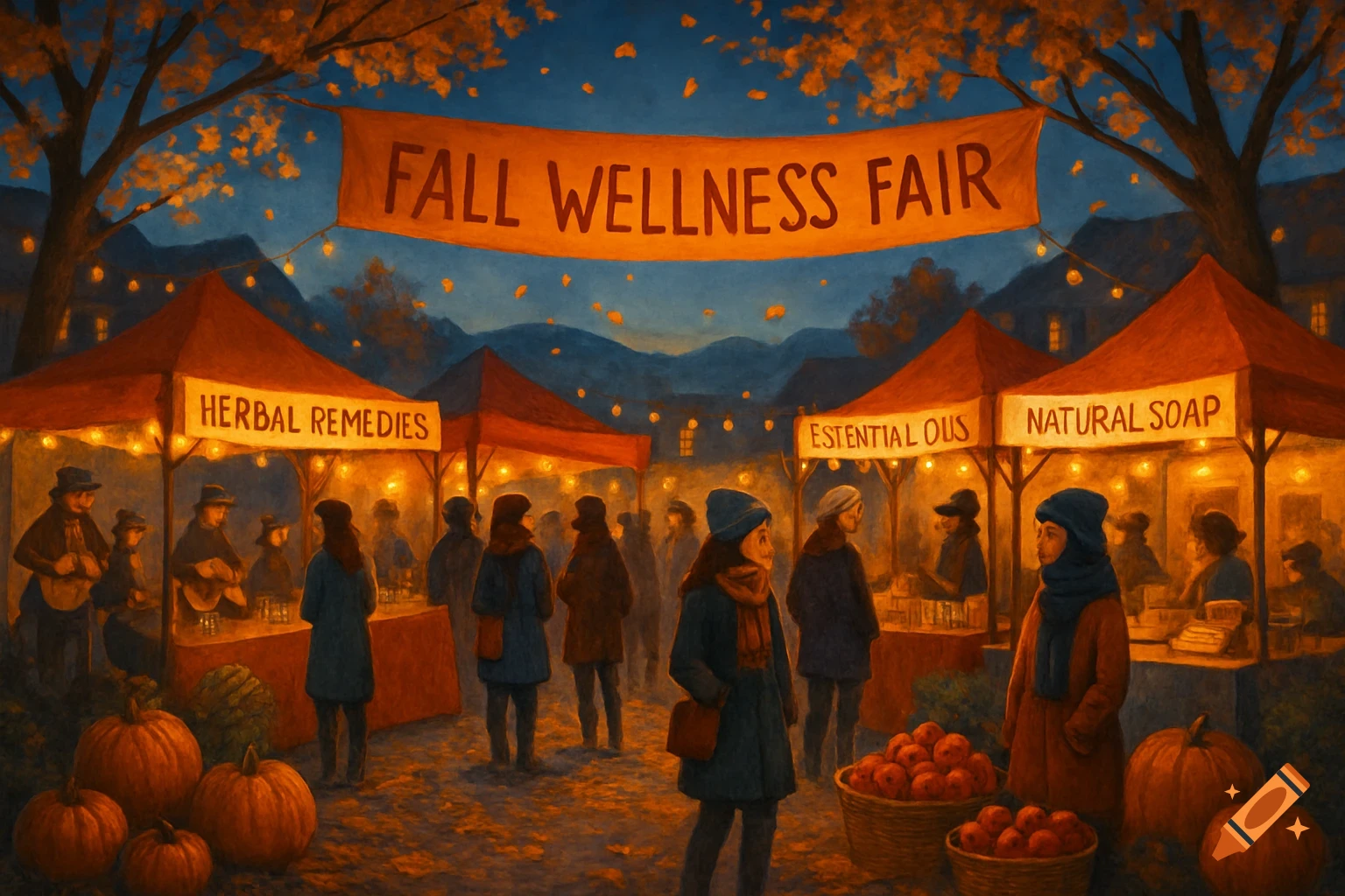 A painted scene of a lively fall wellness fair at dusk, with glowing tents, people browsing, pumpkins, and a large banner saying "FALL WELLNESS FAIR".
